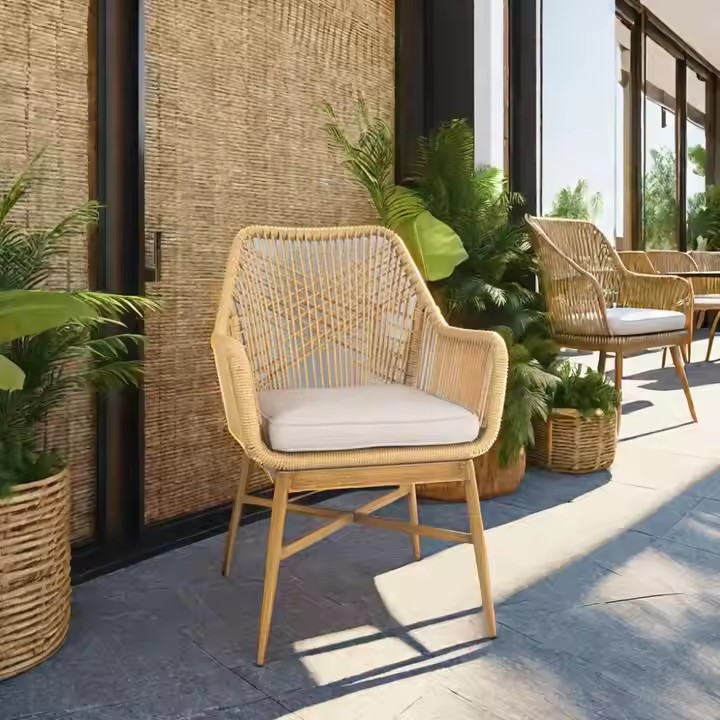 Commercial Aluminum Outdoor Beach Villa Balcony with Waterproof Cushion Metal Garden Dining Rattan Rope Chairs