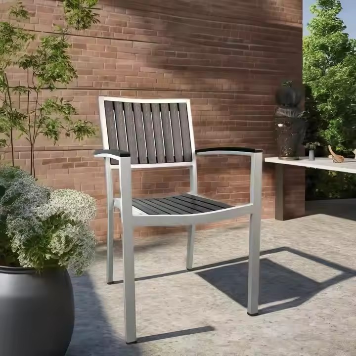 Outdoor Aluminum Stacking Cafe Dining Armchairs Synthetic Gray Teak Furniture for Garden Hospital Workshop Entry Wine Cellar