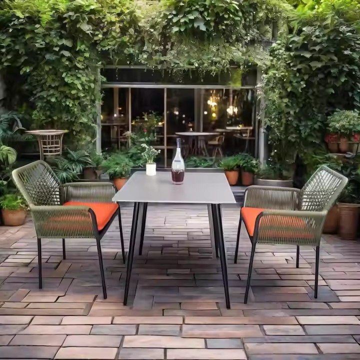 Outdoor Restaurant Set Metal Aluminum Garden Patio Cushion Dining Chairs and Table Coffee Woven Rope Dining Set
