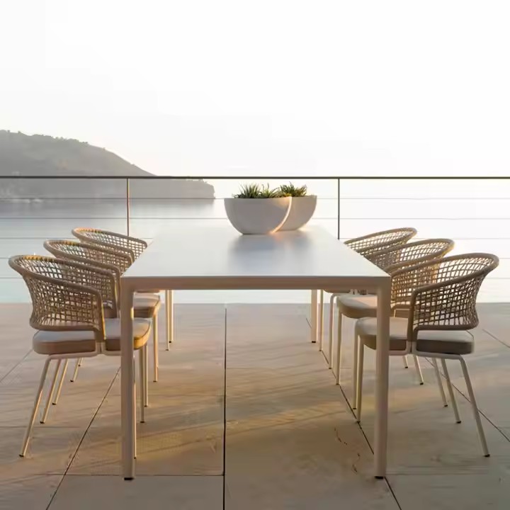 New Popular Outdoor Single Double Sofa Rope Rattan Soft Cushion Dining Table and Chairs for Garden