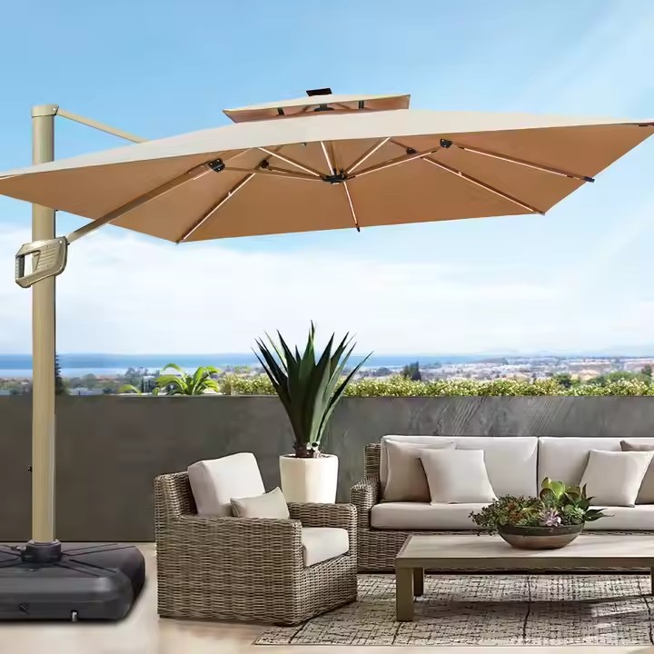 Customized logo Outdoor Commercial Restaurant Umbrella Aluminum Pole Led Lights Umbrella for Patio With Base